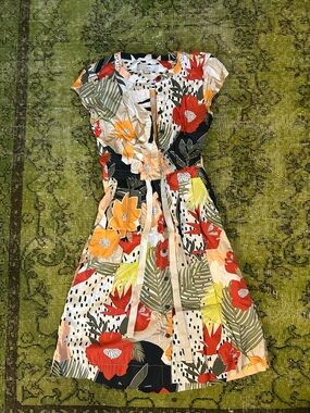 LOFT Floral Tie-Waist Mini Dress in Red, Yellow, Green